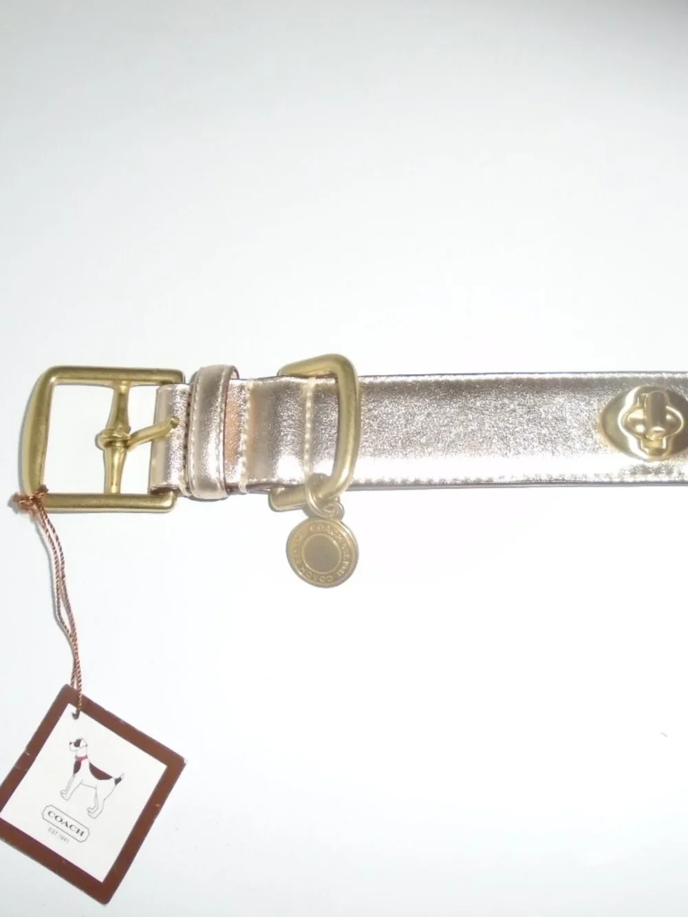 NEW VINTAGE Y2K COACH GOLD LEATHER BRASS TURNLOCK PET DOG COLLAR 60095 SIZE XL